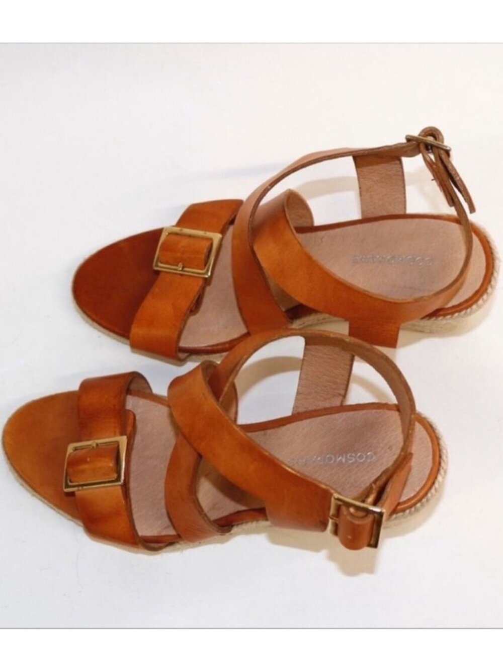 Cosmoparis Espadrilles 8.5 Wedges Retro Sandals Leather Classic Cognac Heels